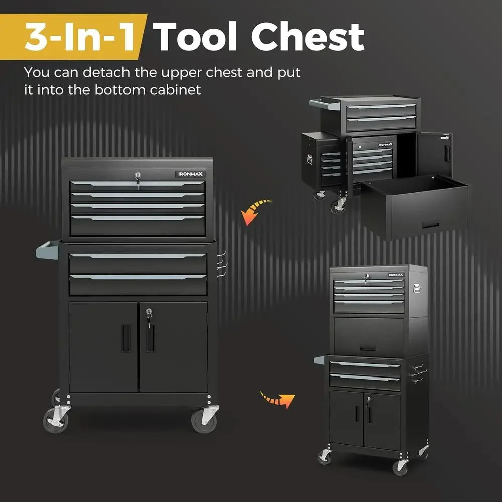 Extra Large 3-in-1 Rolling Tool Chest with Lockable Wheels, Auto Lock, and Protective Liner for Workshop Storage