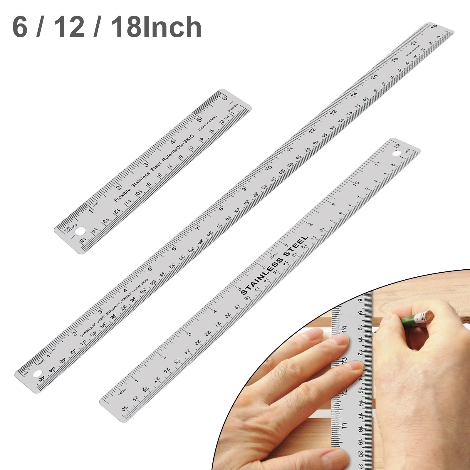 6/ 12 /18 Inch Optional Stainless Steel Metal Ruler with Cork Backing, Inch and Centimeters Non-slip Rulers Measuring Tool