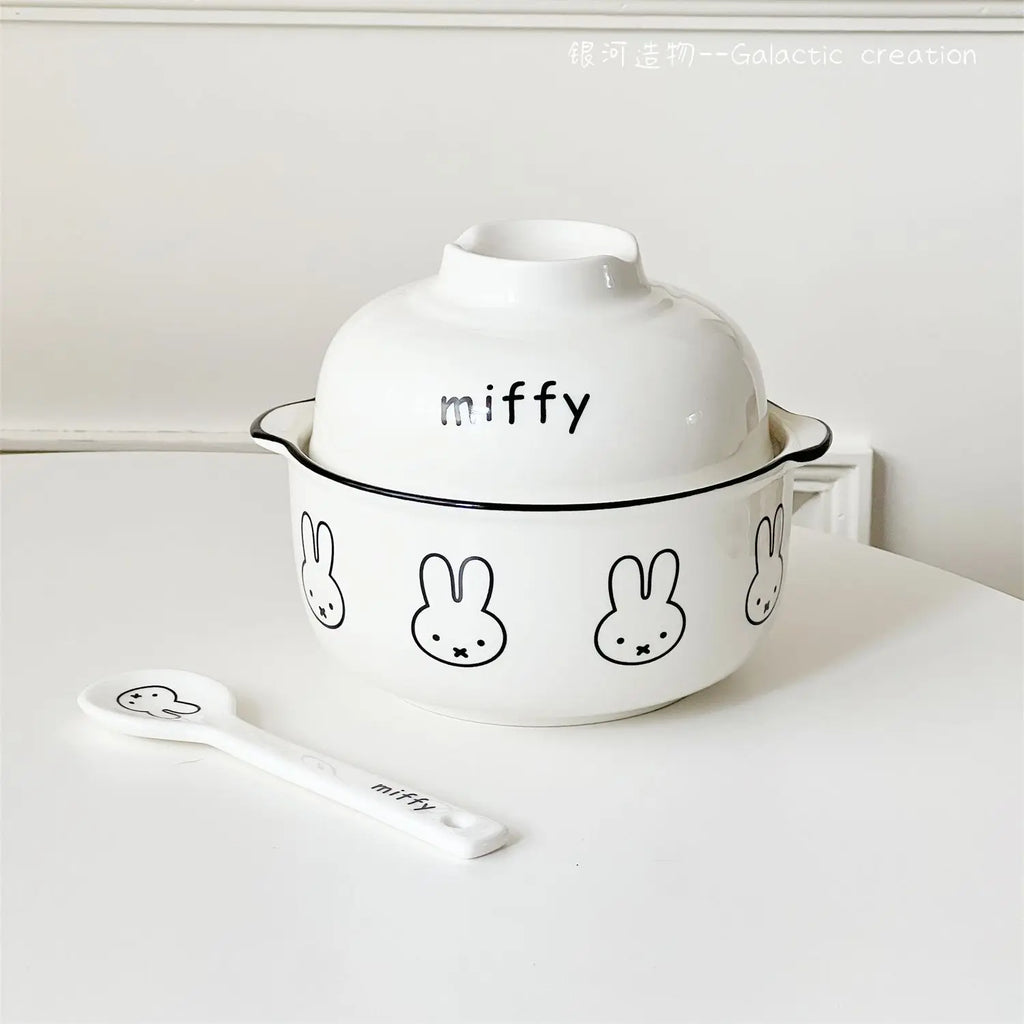 Kawaii Tableware Ceramic Rice Bowl with Lid Easy To Clean Household Use Instant Noodle Bowl Microwaveable Spoon Heating Miffy