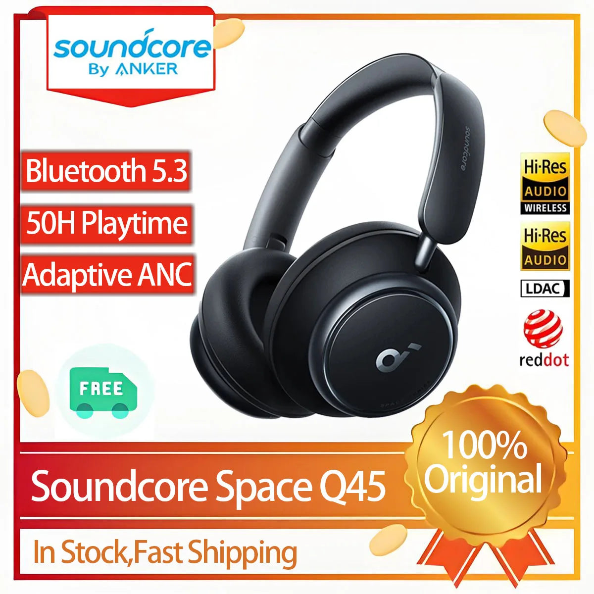 Soundcore Original Space Q45 Wireless Bluetooth Headphones ANC Active Noise Cancellation LDAC HiRes Headset 50H Playtime