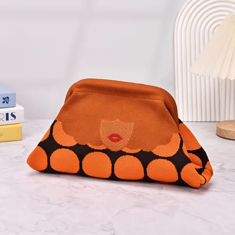 Trendy color-blocking fun lip print knitted pattern design ladies' evening banquet lightweight luxury commuting clutch