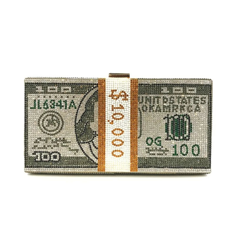 Luxury Money Clutch Rhinestone Purse 10000 Dollars Stack of Cash Evening Handbags Shoulder Wedding Dinner Bag Wallet