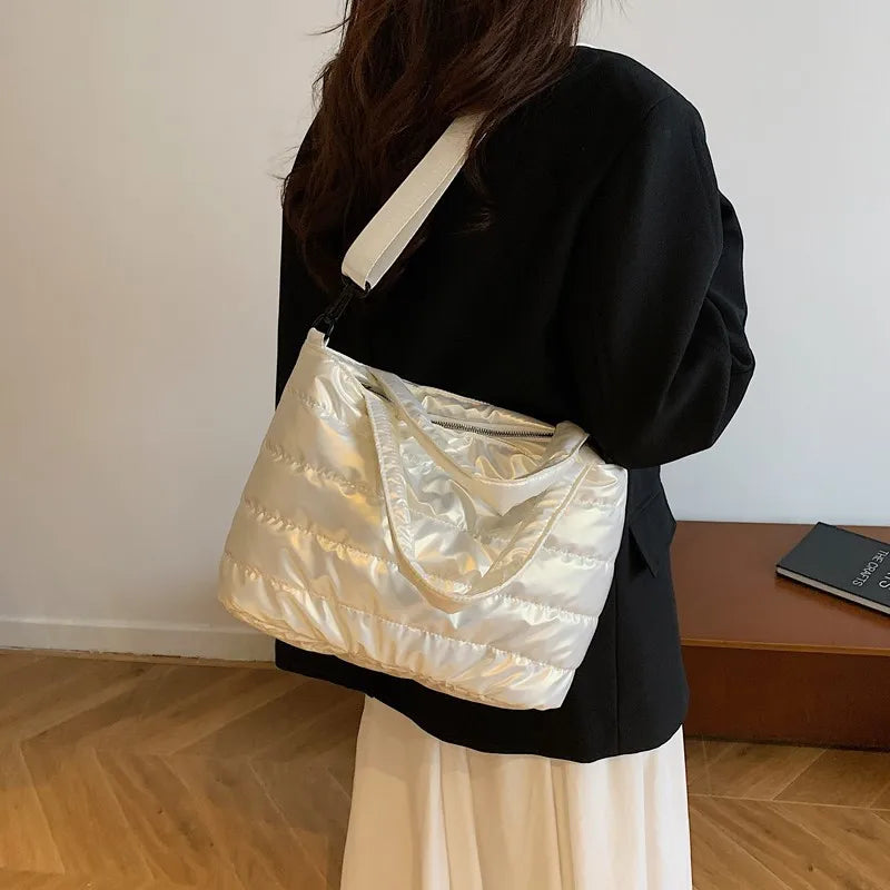 Puffer Quilted Tote Crossbody Bag Adjustable Wide Shoulder Strap Large Capacity Satin Down Handbag for Women Daily Use Commute