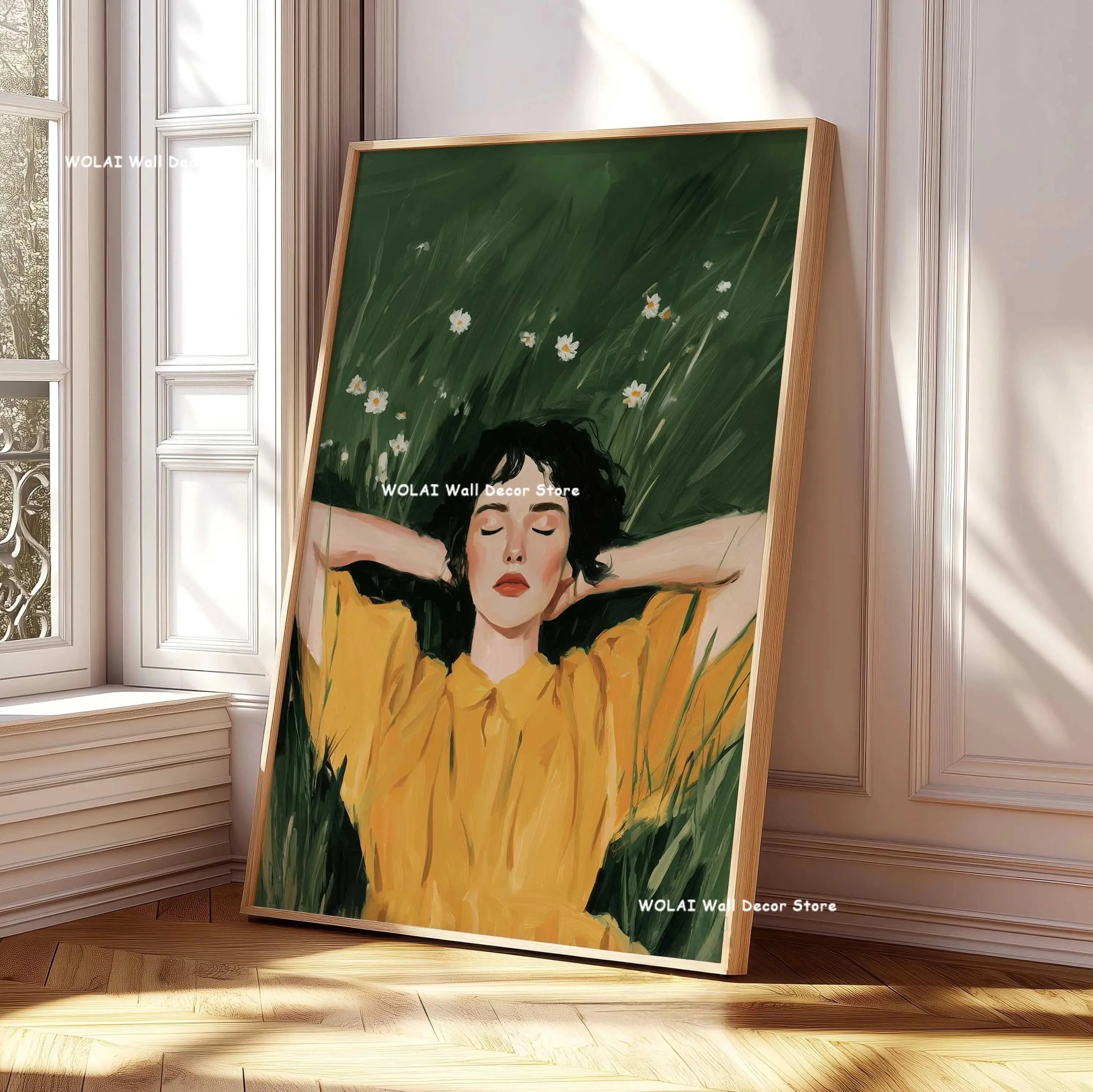Green Abstract Figures Canvas Print with Flower Woman Minimalist Japandi Female Portrait Art Poster for Modern Living Room Decor