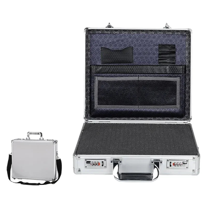 Aluminum Frame Lockable Laptop Suitcase - Portable Security Document Briefcase Strongbox With Password Lock Case Computer Files