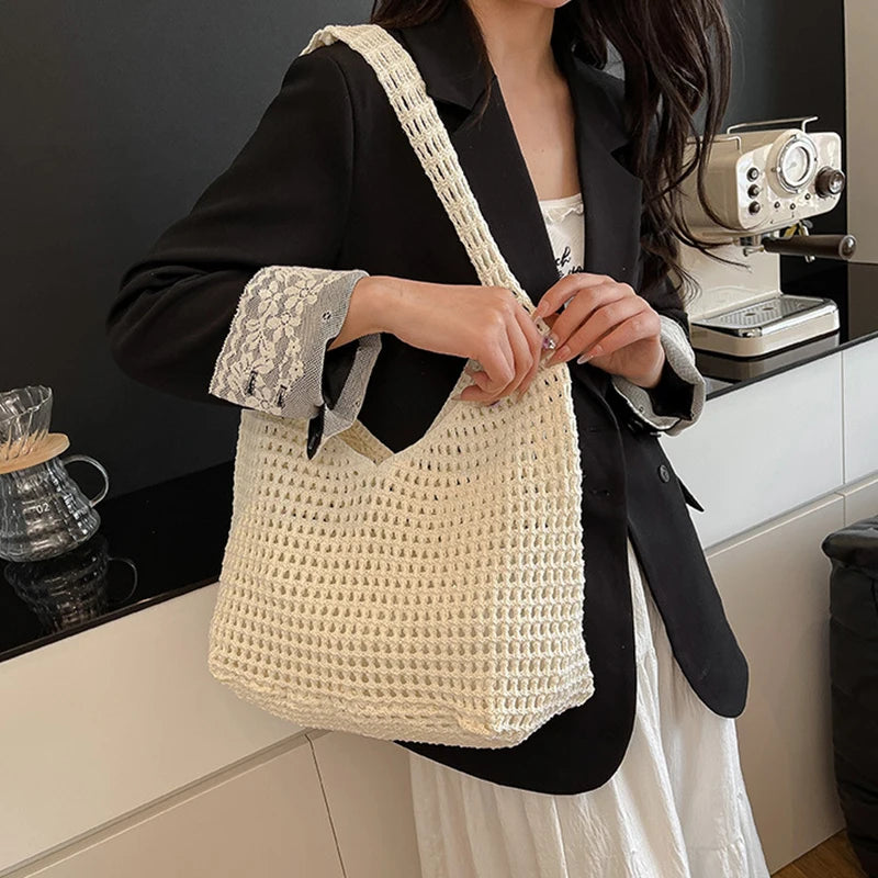 Solid Color Knitting Shoulder Bag Hollow Out Versatile Bohemian Crochet Tote Bag Large Capacity Casual Woven Handbag Women