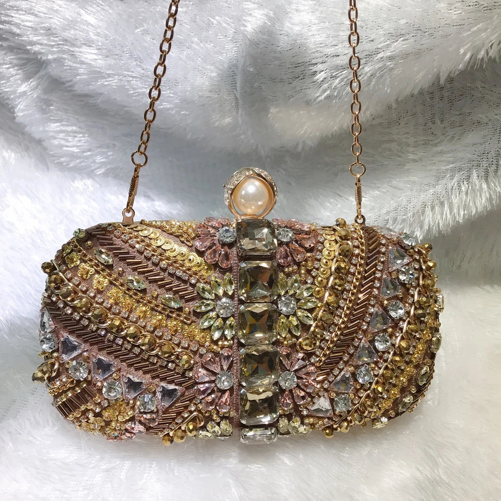 SHELKSBAG Women Stone Heavy Beaded Evening Bags Vintage Brown Suede Rhinestone Metal Formal Events Clutch Bag Luxury Party Purse