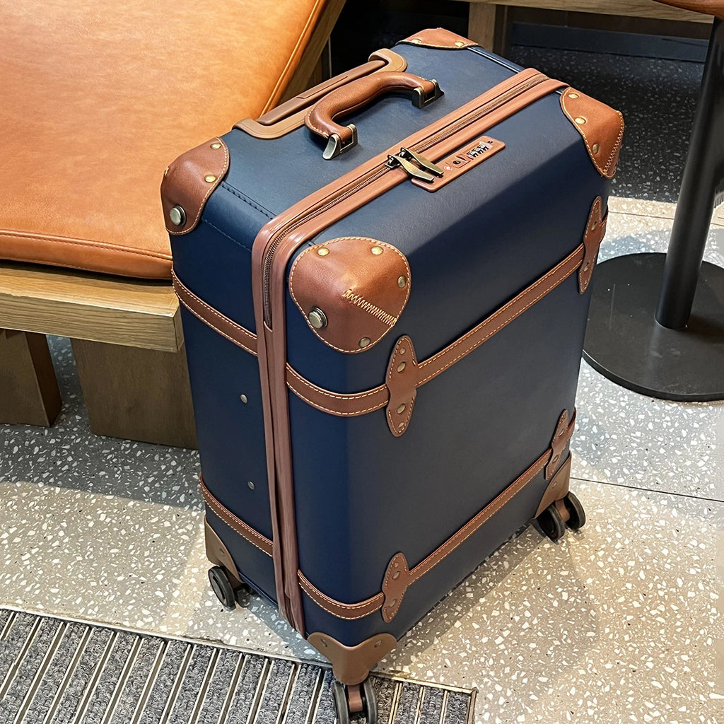 Vintage Blue Leather Business Luggage 20in Carry-On + 24in Checked Travel Suitcase Spinner Wheels TSA Lock College Style Unisex