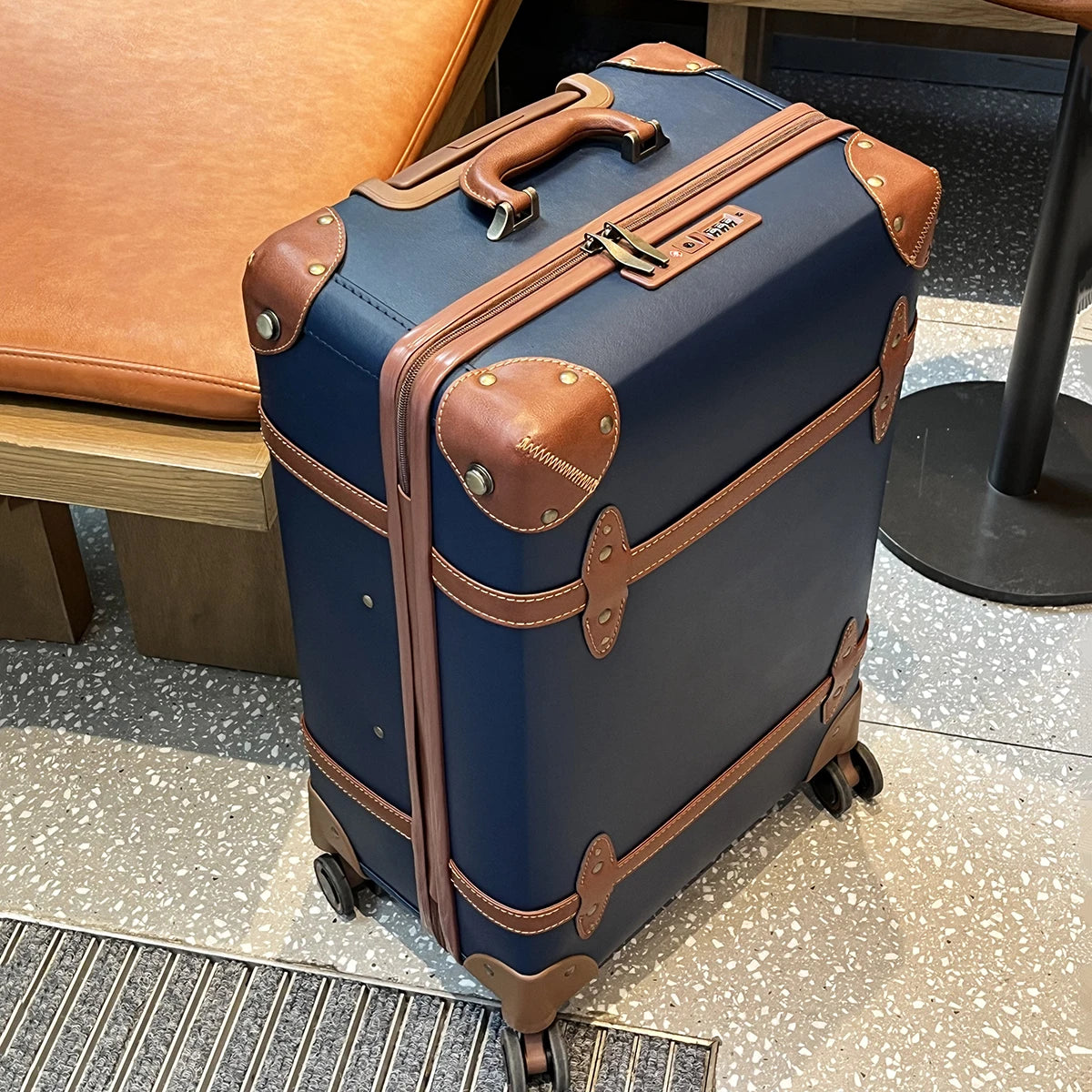 Vintage Blue Leather Business Luggage 20in Carry-On + 24in Checked Travel Suitcase Spinner Wheels TSA Lock College Style Unisex