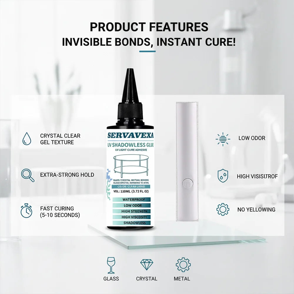 SERVAVEXA 110ml UV Light Cure Adhesive Kit with Lamp, Clear High Viscosity Glue for Glass to Metal Bonding, Waterproof