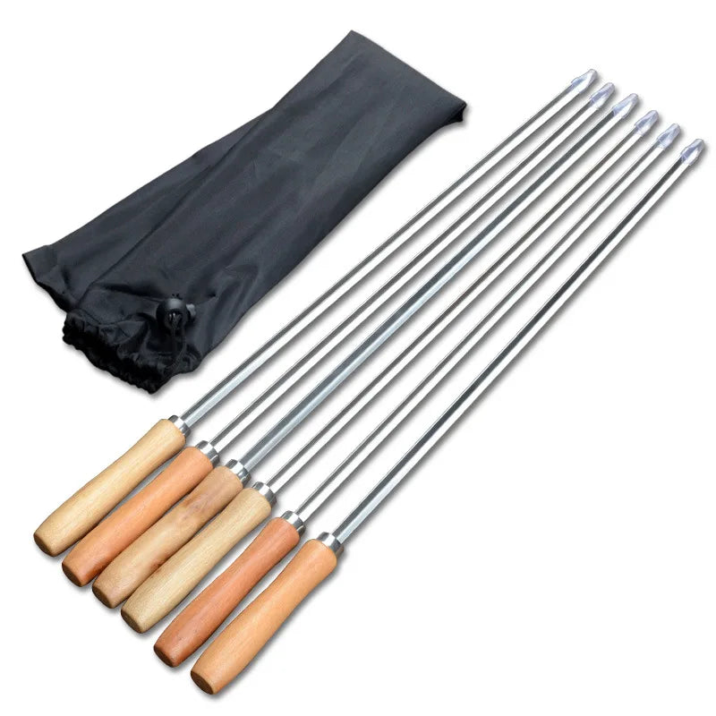 6pcs BBQ Skewers 50cm V-type Long Handle Shish Kebab Barbecue Grill Stick Wood BBQ Fork Stainless Steel Outdoors Grill Needle