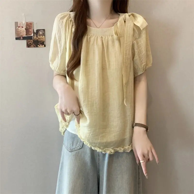 Large size women's clothing summer new solid color loose and cute style bow fungus edge round neck short-sleeved top