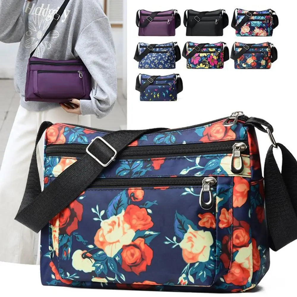 Fashion Nylon Women Shoulder Bag Floral Printed Large Capacity Messenger Bag Waterproof Multi-layer Pocket Handbag Mom