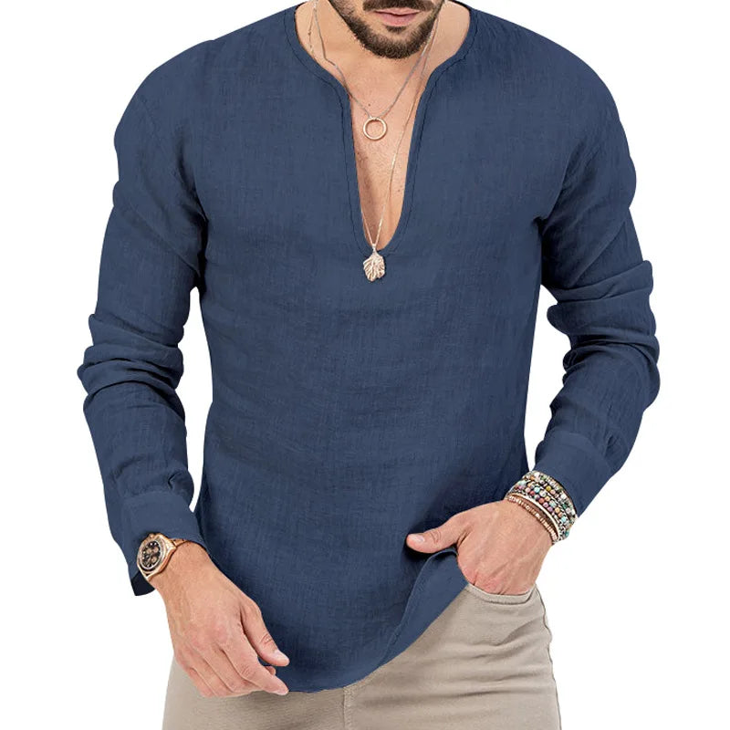 2026 Henry Linen Long Sleeve T-Shirt Men's Slim Fit Solid Color European and American Large Size Deep V-Neck Top Men
