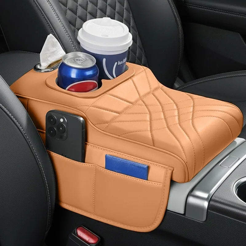High-Low Style Car Armrest Box Cushion-An Armrest Cover with 2Side Pockets,2Cup Holders and 1 Tissue Box.Suitable for Most Cars