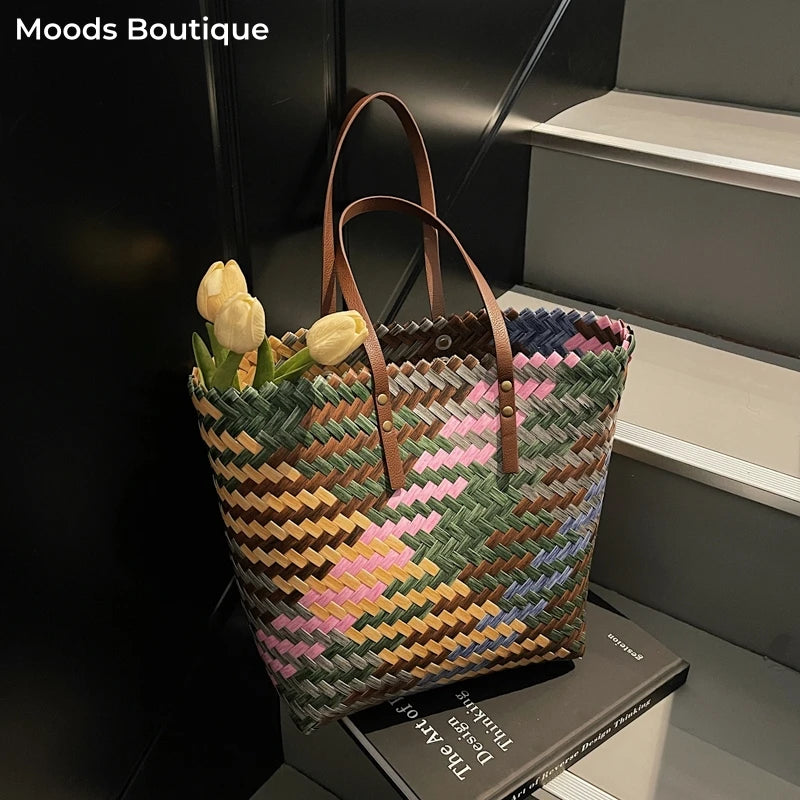 MOODS Braided Bucket Tote Bags For Women PVC Woven Design Colorful Fruit Basket Bag Big Capcity Shopper Tote 2025 Latest Handbag