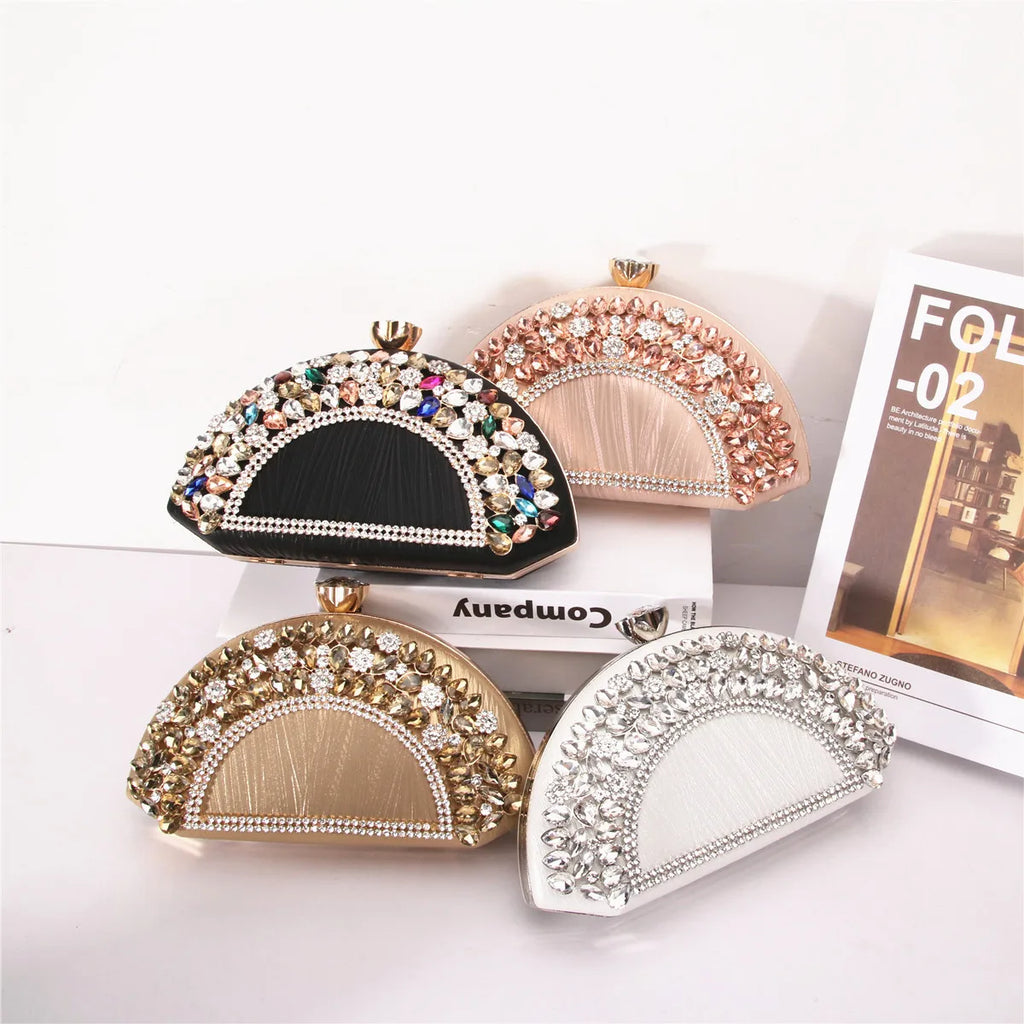 Luxury Collection Four Elegant Semi Circular Handbags in Black Pink Silver Sparkling with Golden Accents Colorful Gems