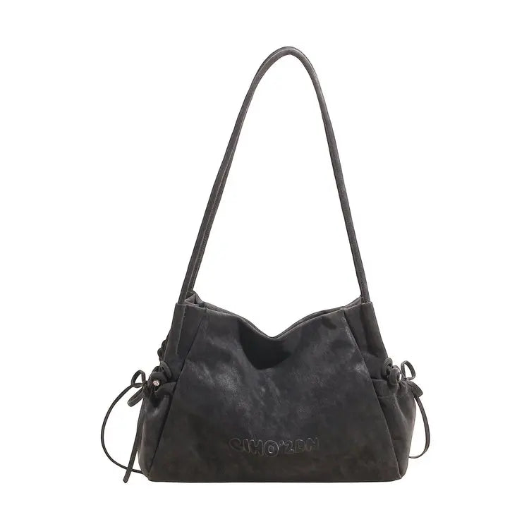 Soft Leather Drawstring Shoulder Bag, Minimalist Tote Purse with Embossed Lettering, Lightweight Daily Casual Use Clutch Bag