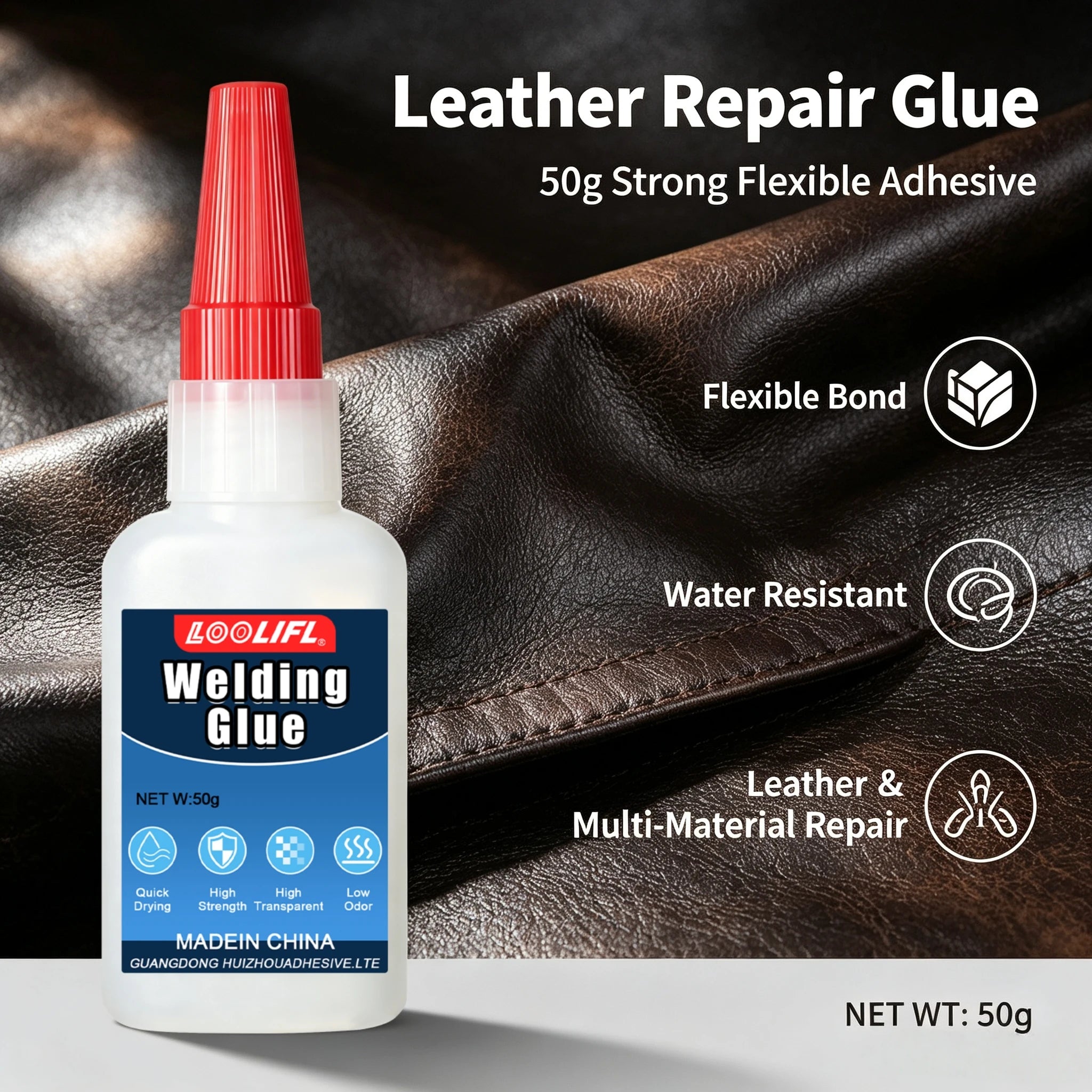 LOOLIFL 50g Flexible Leather Adhesive Welding Glue - Low Odor Fast Dry Waterproof Multi-Material Fix for Sofa Car Seat Shoe