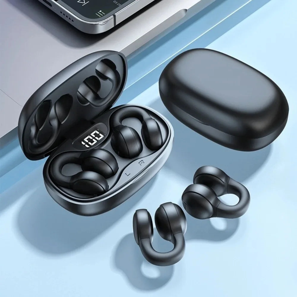 Ear-Clip Earphones Bone Conduction Ultra-Light Body for No-Sense Wearing Low-Latency Gaming Mode with Audio-Video Digital Sound