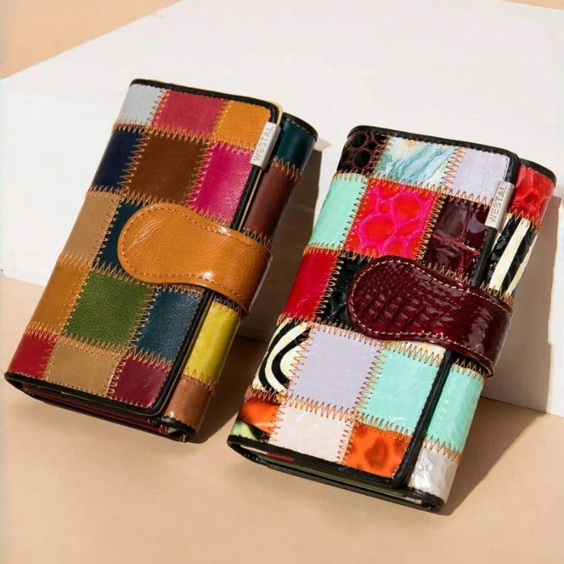 Elegant Ladies Handmade Bag Short Wallet Diamond/Grid Pattern Colourful Splicing Multi Card Position Head Layer Cowhide Ladies Coin Purse Christmas Gifts For Women