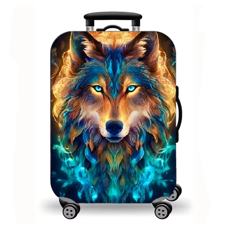 Luggage Cover, Fantasy Wolf Lion Tiger Fire Ice Print Stretch Suitcase Protector, Washable Anti-Scratch Travel Baggage Cover