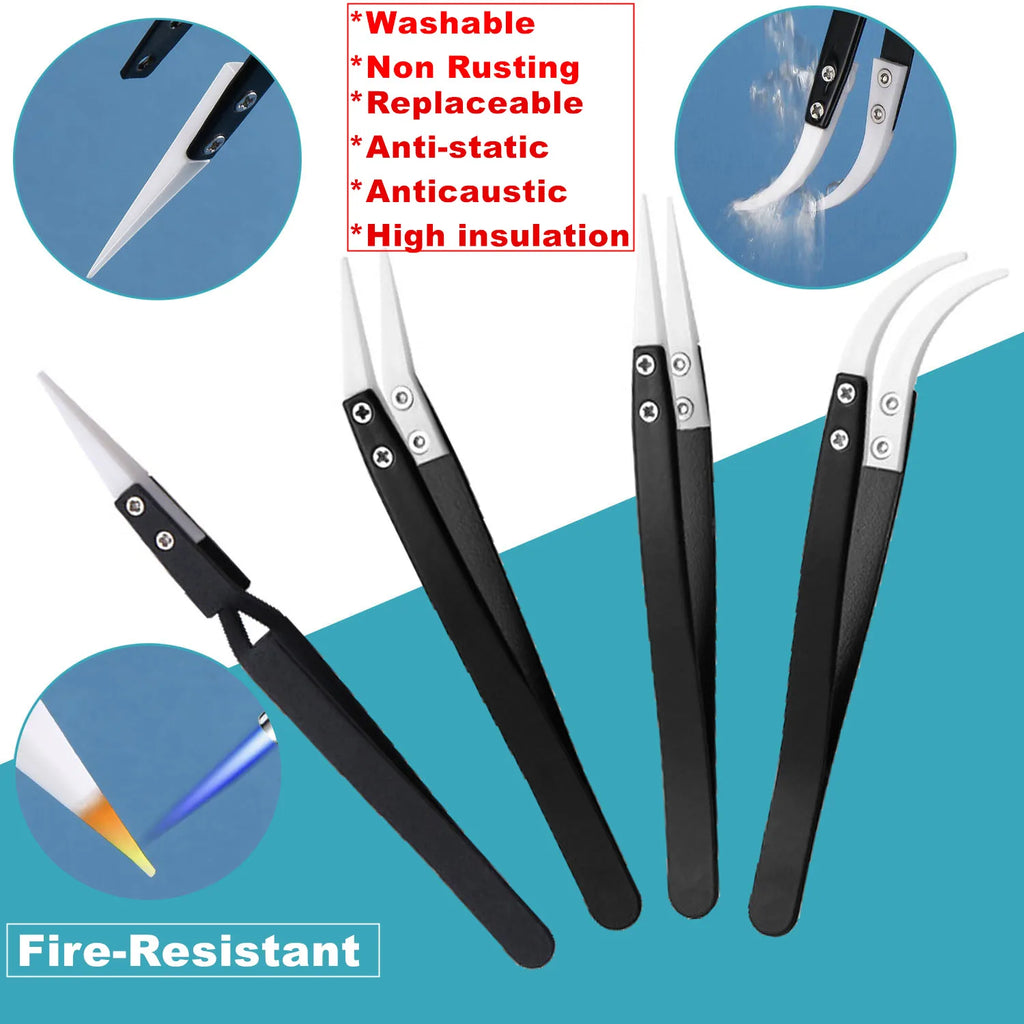 10Pcs Tweezers Set With Bag Ceramic Industrial Electronic ESD Stainless Steel Anti-Static Precision Tweezer Kits Repair Tools