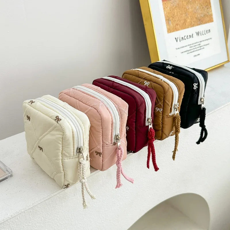 1pc Gift Bow Sanitary Napkin Organizer Bag Coquette Quilted Women's Mini Clutch Bag Cotton Keychain Earphone Coin Purse