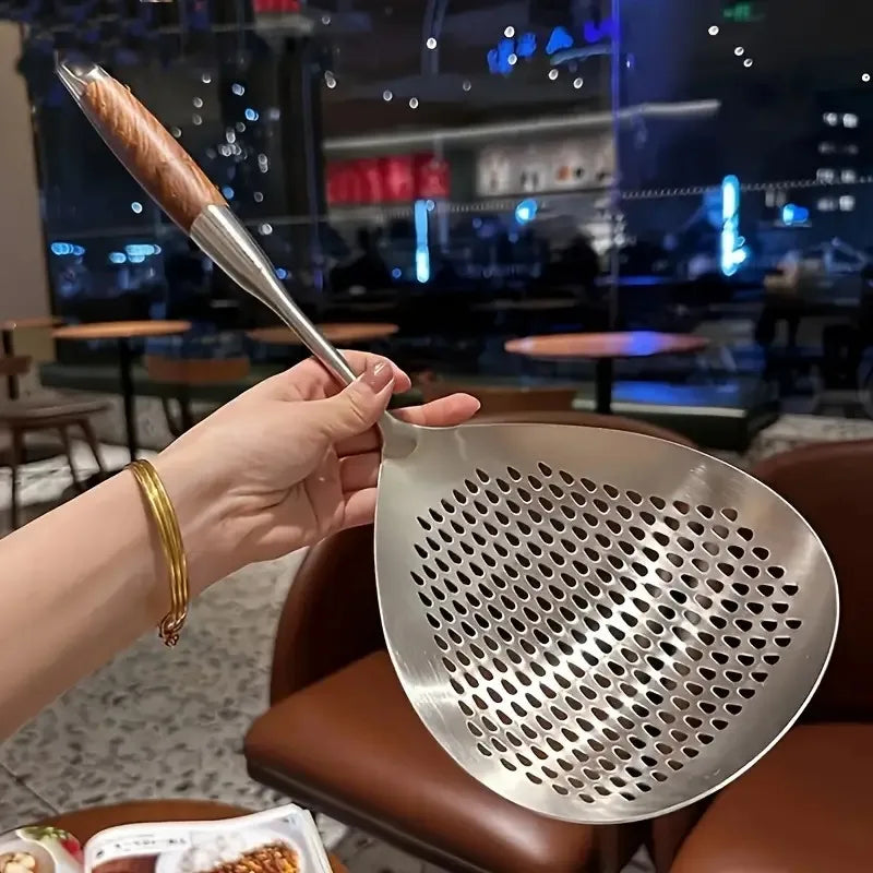 40.5cm Slotted Spoon, Large Skimmer with 0.3" Holes & Hang Hole, Stainless Steel and Wood for Kitchen, 1PC Cooking Utensil