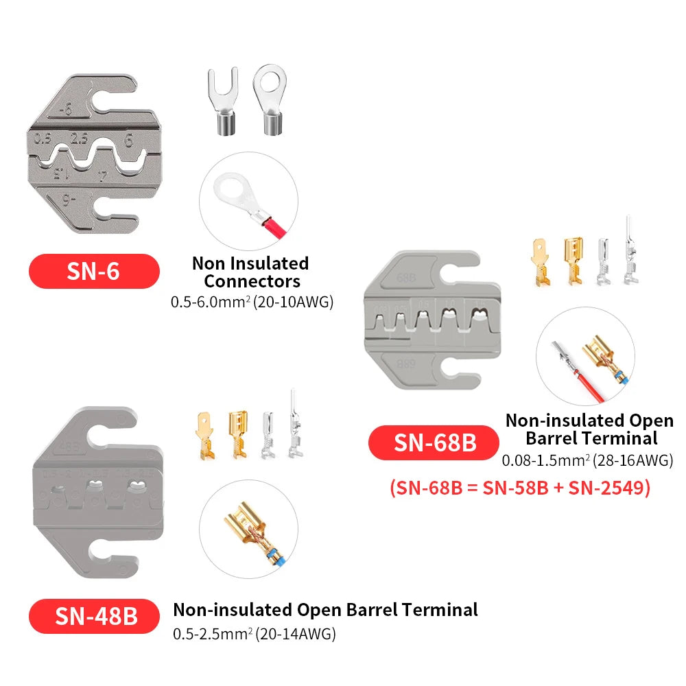 SN Series Crimper Tools Plier 4mm Slot Jaws Set For Crimping Non Pre Insulated/Solar/Ferrule/Coaxial Cable/Open Barrel Terminals