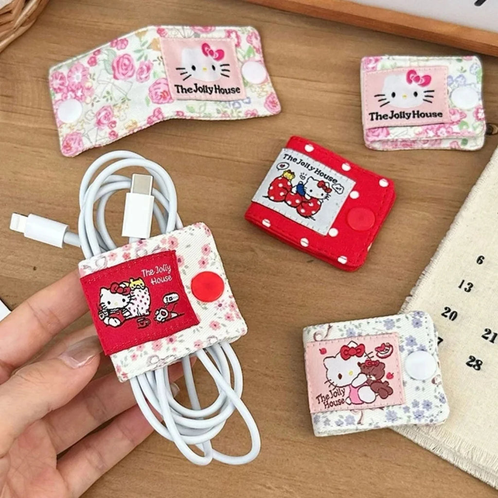 Sanrio Hello Kitty Leopard Print Denim Fabric Data Cable Storage Clip Charging Cable Wired Earphone Brush Storage Gifts for Girl