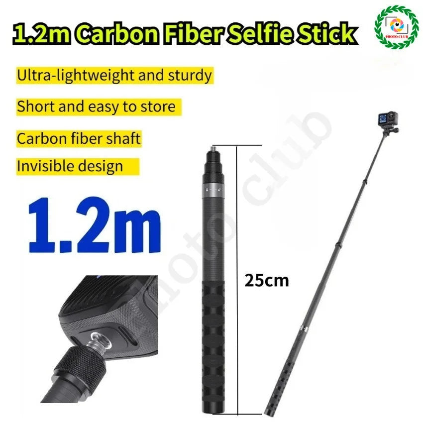 1.2M Carbon Fiber Selfie Stick for DJI Osmo 360/Action 5 Pro Ultralight Invisible Selfie Stick for Insta360 X5/Ace Pro 2/GoPro
