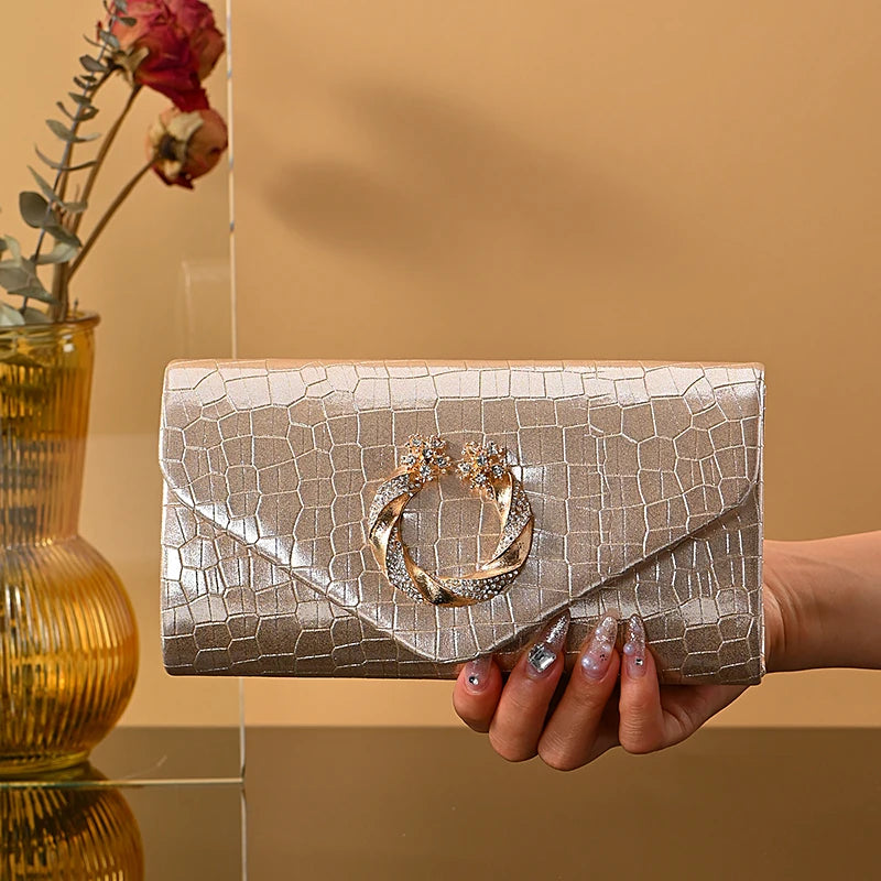 New stone print simple clutch bag Wedding party dinner bag Retro large capacity fashion clutch bag Metal chain shoulder bag