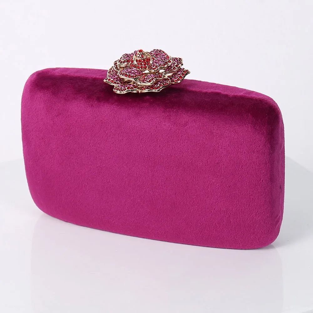 Diamonds Flower Velvet Evening Bag Women New Elegant Chain Banquet Dress Clutch Bag Ladies Wedding Dinner Party Box Small Purses