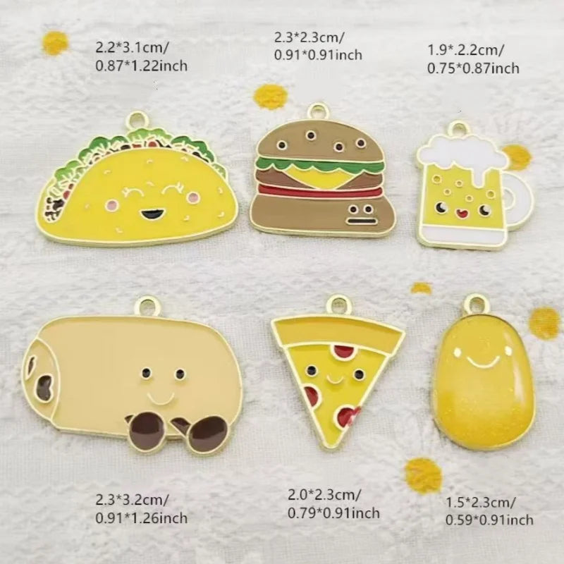 10pcs Drip Oil Alloy DIY Food Emoji Bag Accessories Burger Pizza Beer Bracelet Pendant Keychain Bag Pendant