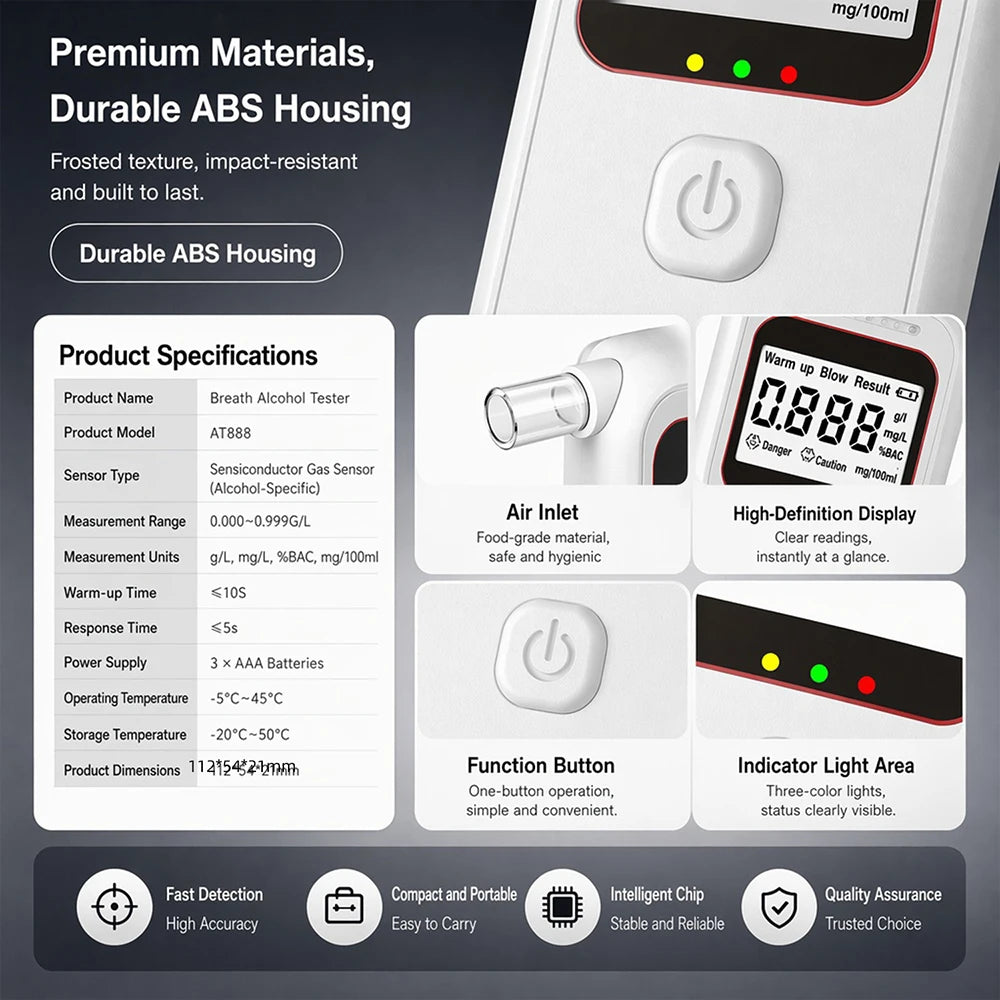 Digital Breathalyzer Alcohol Tester, Portable Breath Alcohol Detector with LCD Display Voice Alarm for Driving Safety
