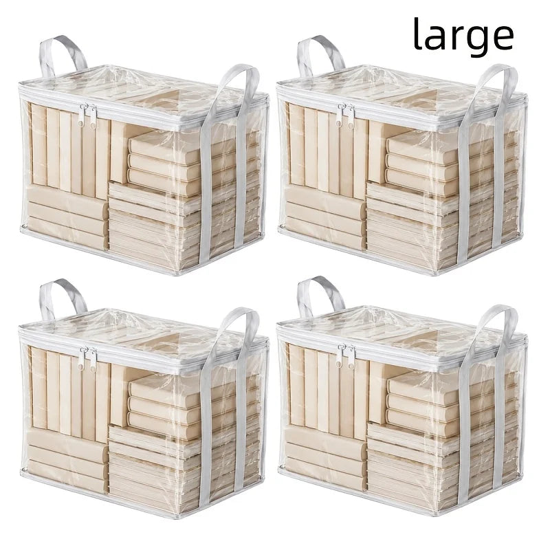 4pcs Clear PVC Storage Bag, Foldable Dustproof Organizer Bin with Handles, Double Zipper Travel Luggage Packing Cube for Clothes