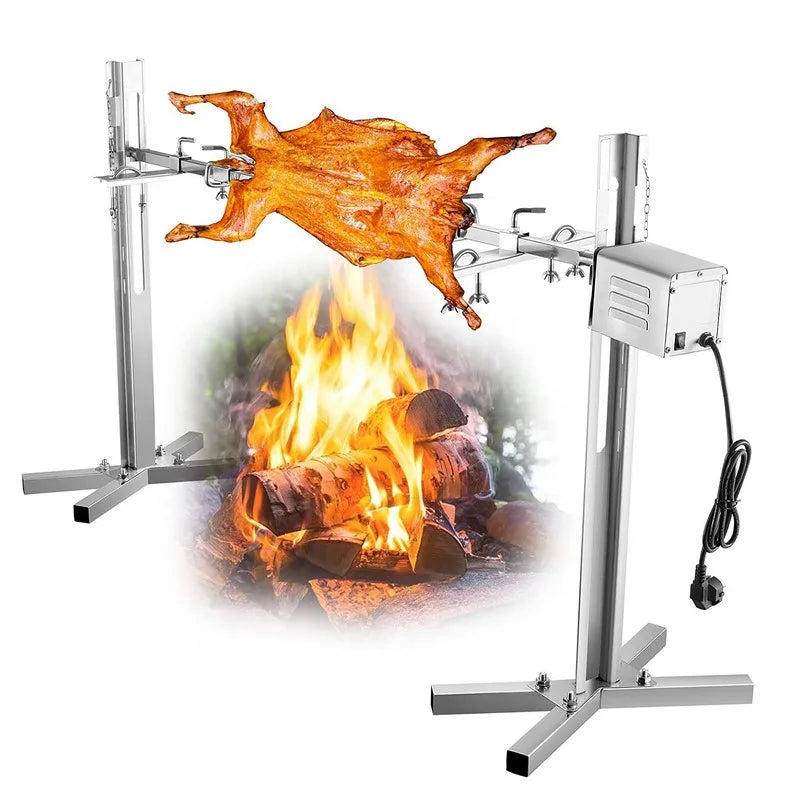 Electric BBQ Rotisserie Grill Kit Height Adjustable Universal Roaster Stand Stainless Steel Grilling Kit Spit Rod for Pig Lamb