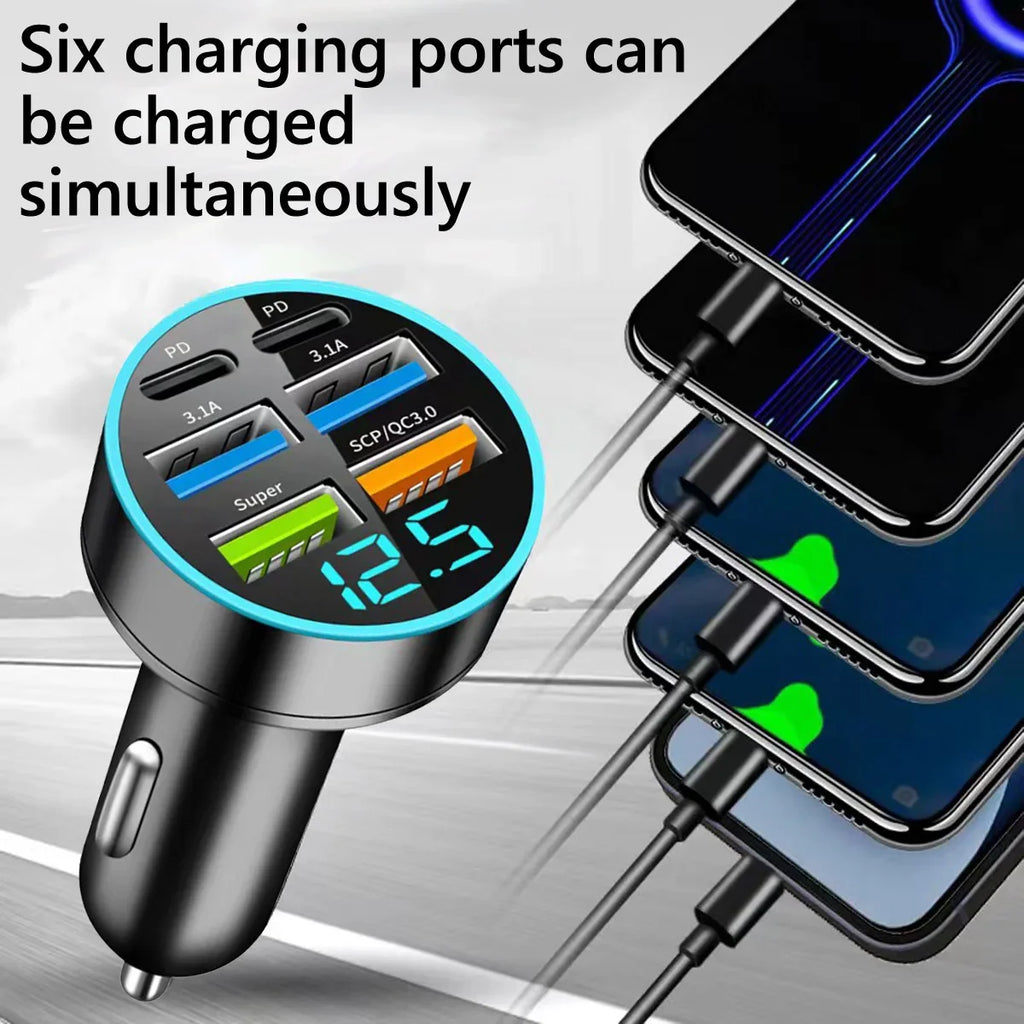 Car-mounted super fast charging charger, car-mounted adapter, USB charging with multiple interfaces, 6-in-1 universal car charge