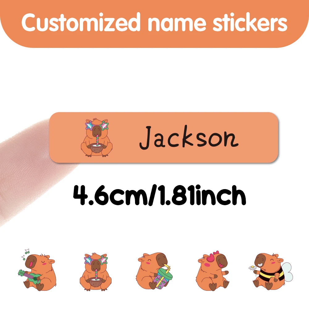 Kawaii Capybara Waterproof Name Tags Stickers Custom Adhesive Stationery Decals Personalize First Name Label For Children School