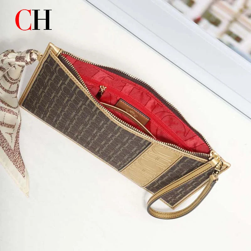CH Print Zipper Clutch Bag Women Designer Luxury Wristlet Handbag Large Capacity Evening Purse With Silk Scarf