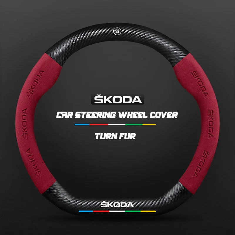 38CM suitable for Skoda Octavia Rapid Kodiaq Kamiq KAROQ carbon fiber suede car steering wheel cover accessories
