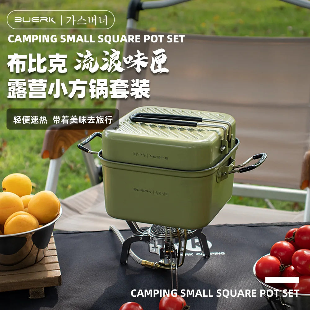 Outdoor Camping Square Pot Folding Portable Stainless Steel Lunch Box Frying Plate Cooking Pot Tableware Set Pot