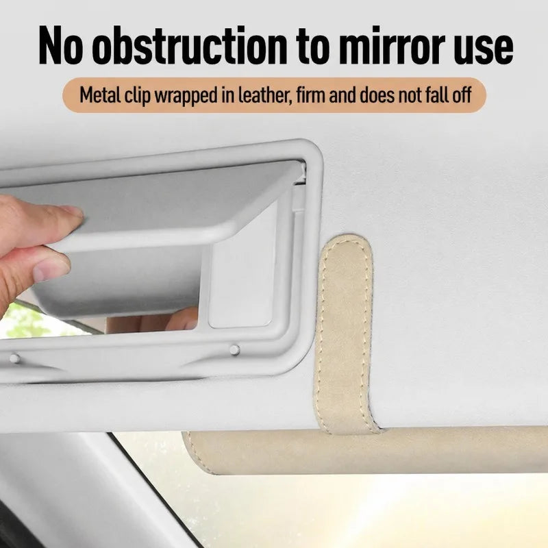 Premium Car Sun Visor Sunglasses Holder Leather Glasses Case Auto Interior Organizer Ticket Card Clip One-Hand Operation Mount