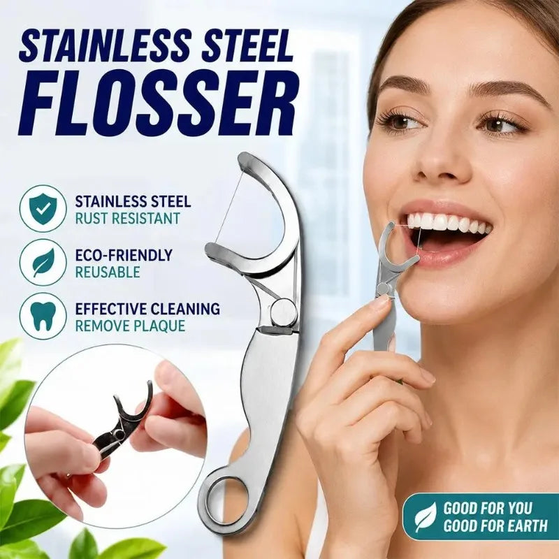 Stainless Steel Toothpick Dental Floss Reusable Flossing Holder Set Eco-friendly Teeth Cleaning Tools Oral Care Accessory