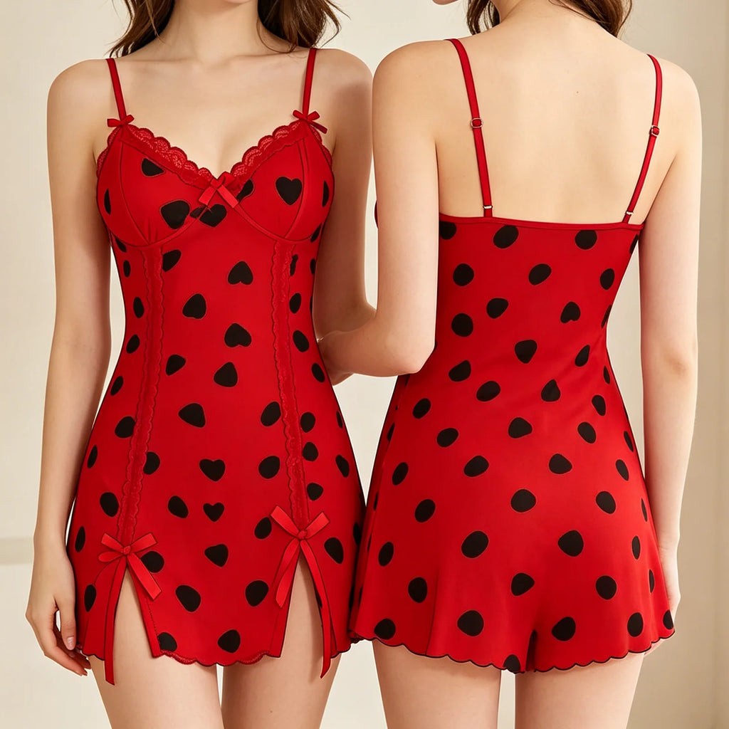 Women Bowknot Deep V Camisole Nightdress Heart Print Lace Patchwork Sleeveless Short Dress Slim Fit Sexy Pure Desire Sleepwear