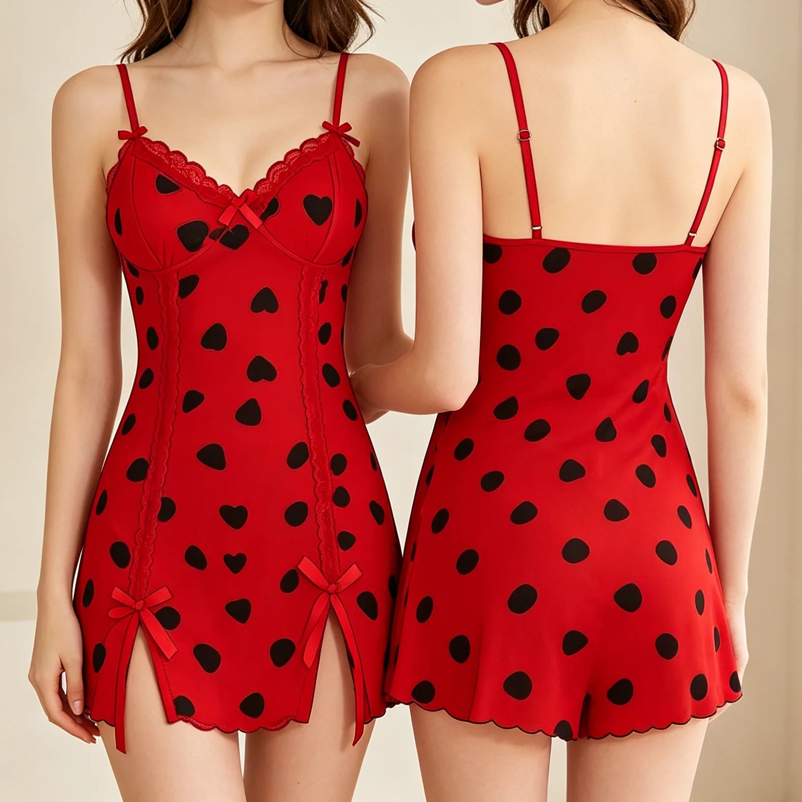 Women Bowknot Deep V Camisole Nightdress Heart Print Lace Patchwork Sleeveless Short Dress Slim Fit Sexy Pure Desire Sleepwear