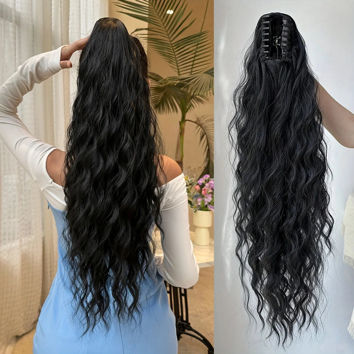 AOOSOO Synthetic Water Ponytail Hair Extension Clip On Woman's Ponytail Hair Accessories Long Curly Wig Natural Curly Black