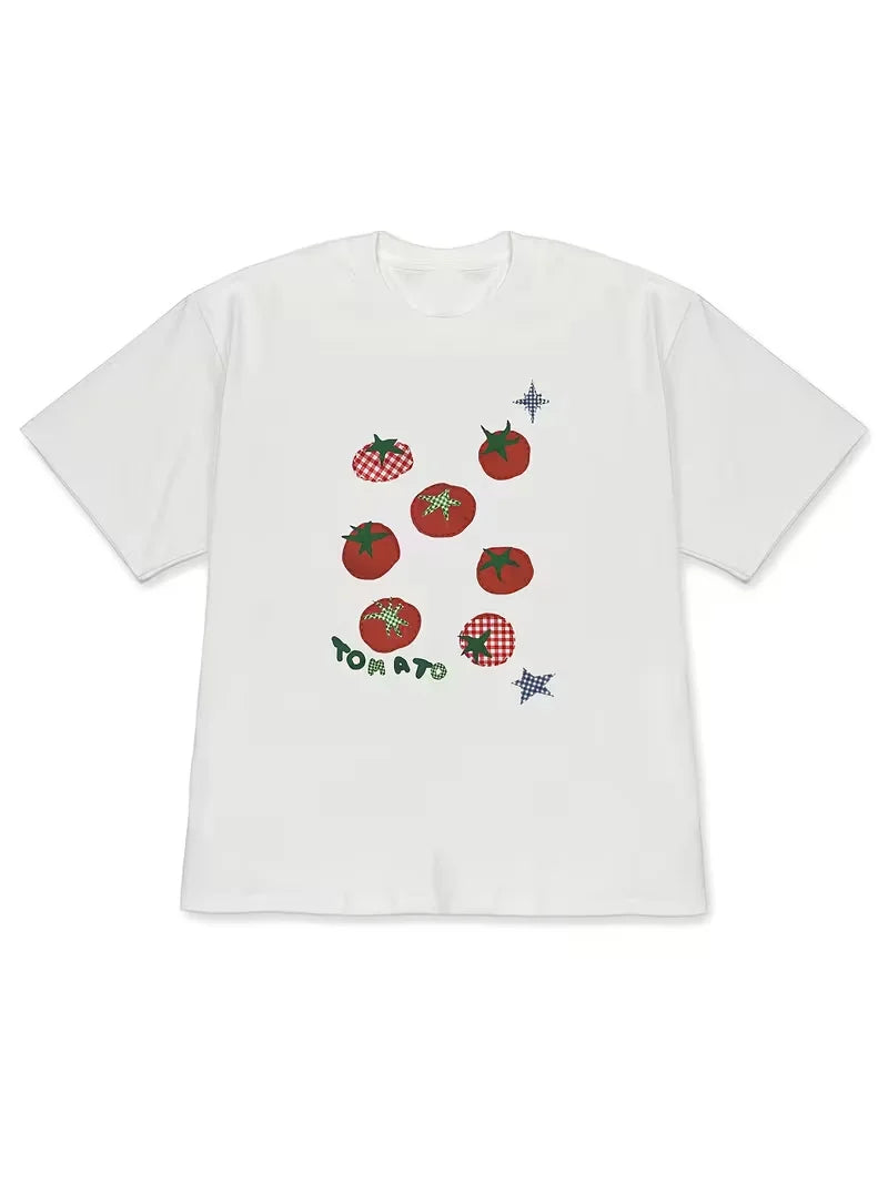 Plus Size Tomato Graffiti T-shirt Cute Korean Printed Short Sleeved Shirt Women's Daily Tops for Couples