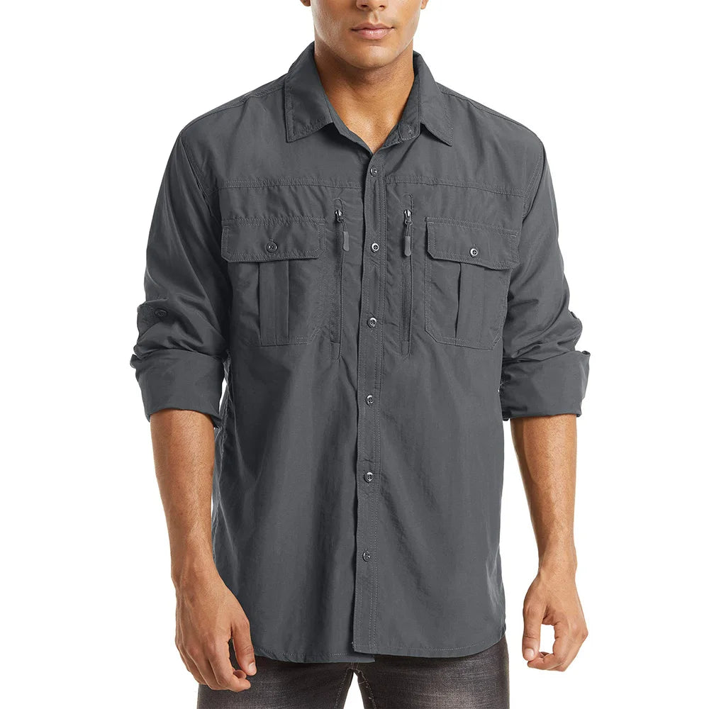 KEFITEVD Quick Dry Men's Hiking Shirts Zipper Chest Pocket Long Sleeve Cargo Shirts Lightweight Camping Trekking Fishing Shirt